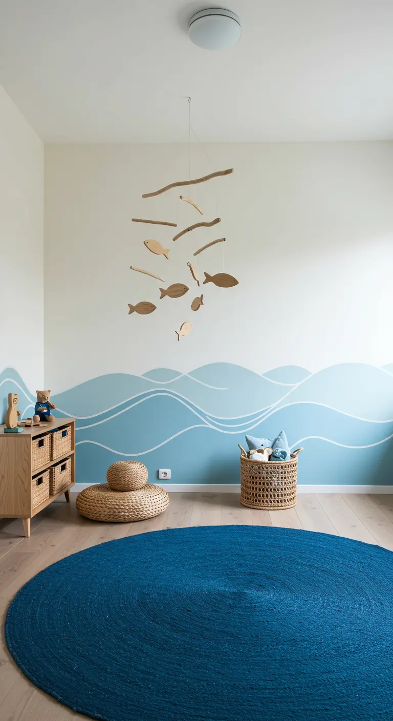 Habitación infantil con un mural de olas azules y un móvil de peces de madera.