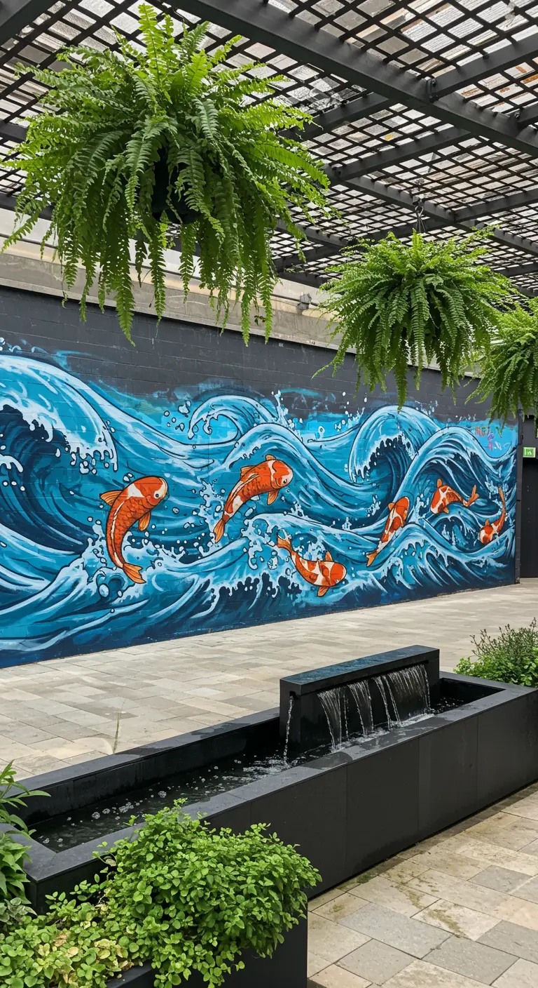 Patio con un gran mural de olas y peces koi, una fuente de agua moderna y helechos colgantes.