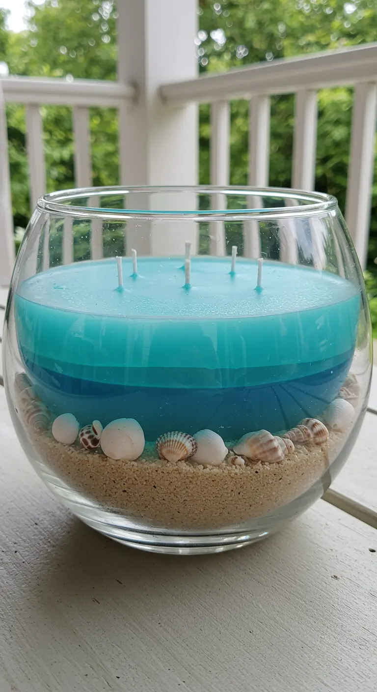 Vela grande en un bol de cristal con una base de arena y conchas, y capas en tonos de azul.