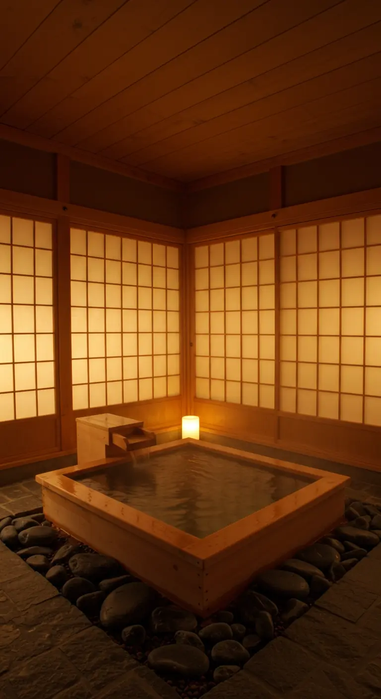 Baño de estilo japonés con bañera de madera, paneles shoji iluminados y piedras de río.