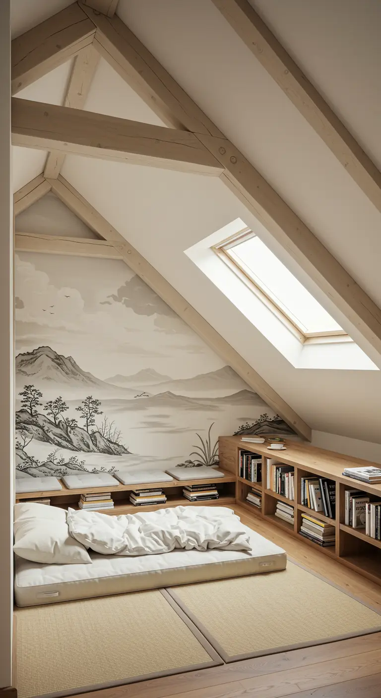 Habitación abuhardillada con tatami, futón y un mural de paisaje japonés.