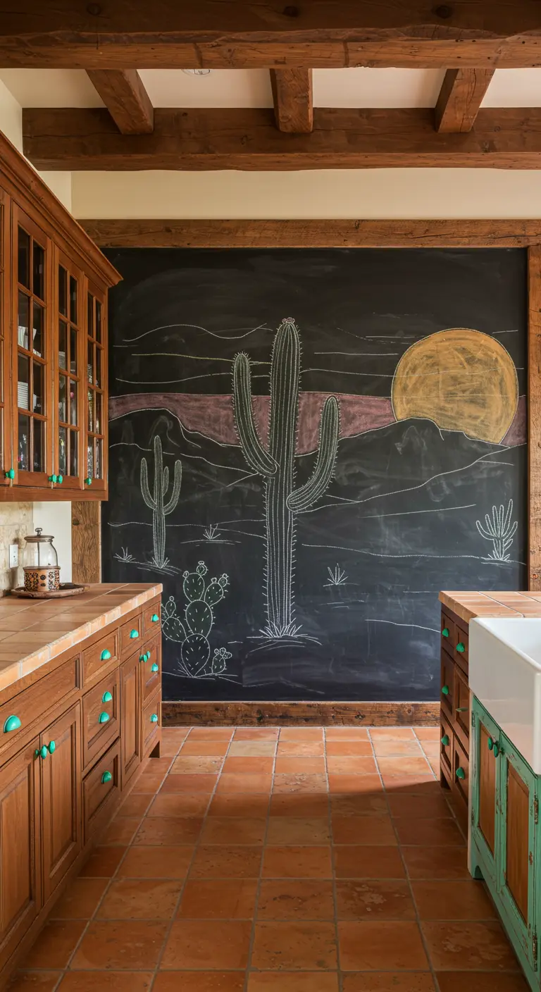 Cocina rústica con una gran pared de pizarra que muestra un paisaje desértico con cactus y un sol amarillo.