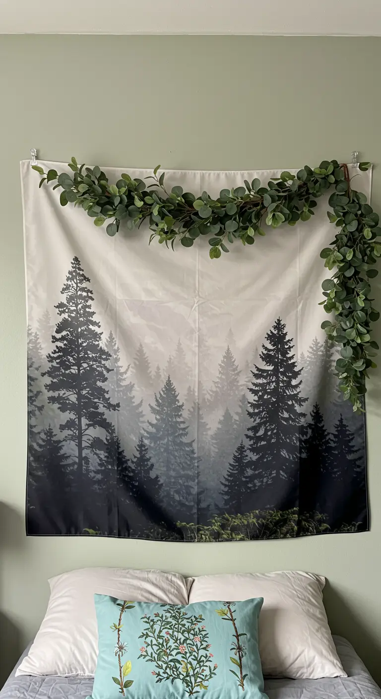 Tapiz de tela con un paisaje de bosque brumoso colgado sobre una cama, con una guirnalda de eucalipto.