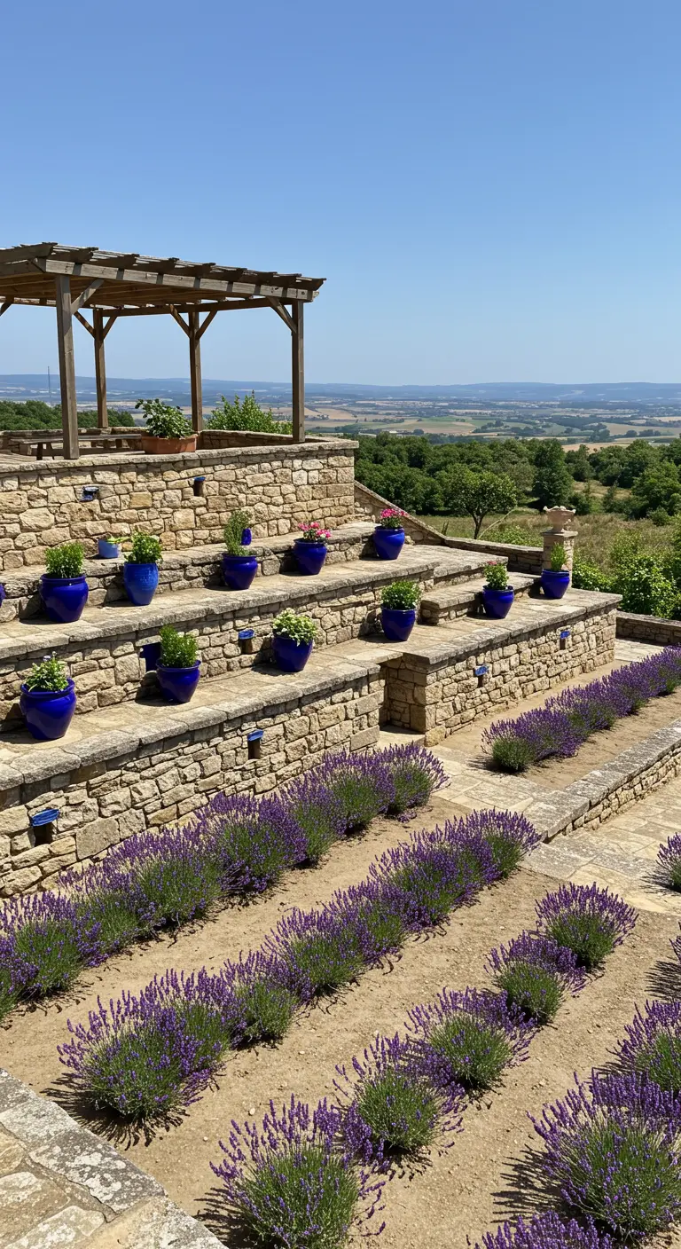 Jardín en terrazas de piedra con hileras de lavanda y una pérgola de madera en la cima.