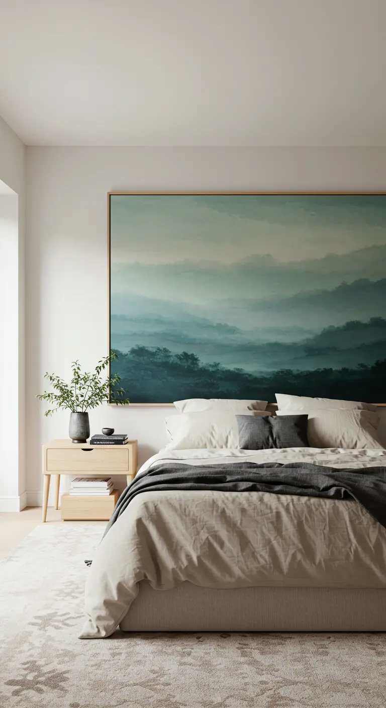 Dormitorio con un gran cuadro de un paisaje de montañas neblinosas sobre la cama.