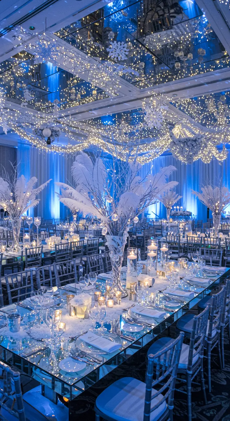 Mesa de banquete con temática invernal, plumas blancas, luces de hadas y nieve artificial.