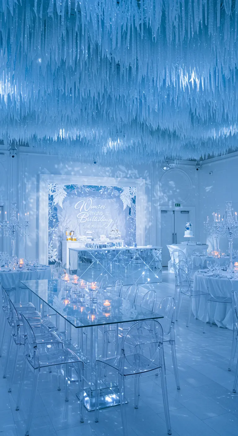 Salón de fiestas con temática de invierno, con carámbanos falsos en el techo y luces azules.