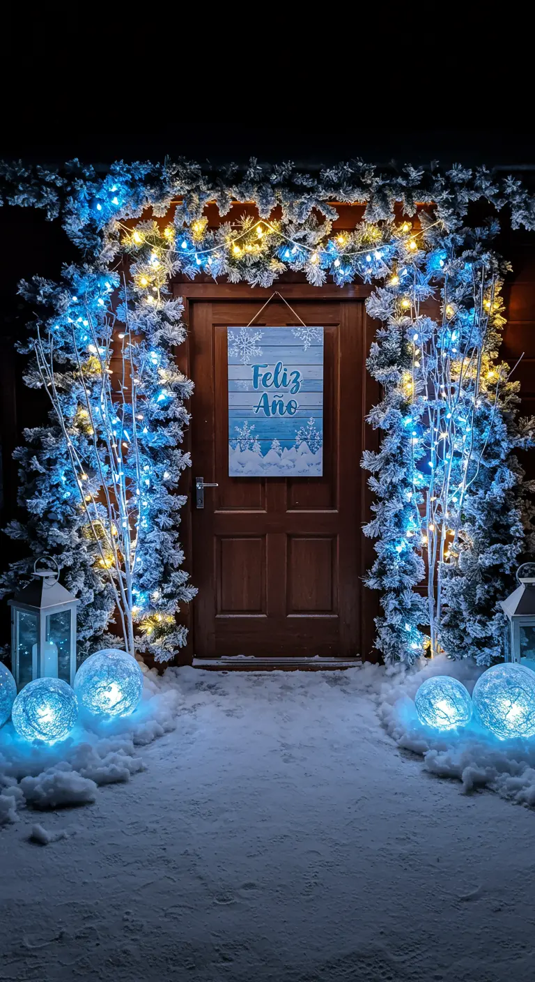 Entrada invernal nevada con luces azules y doradas y un cartel de 'Feliz Año'.