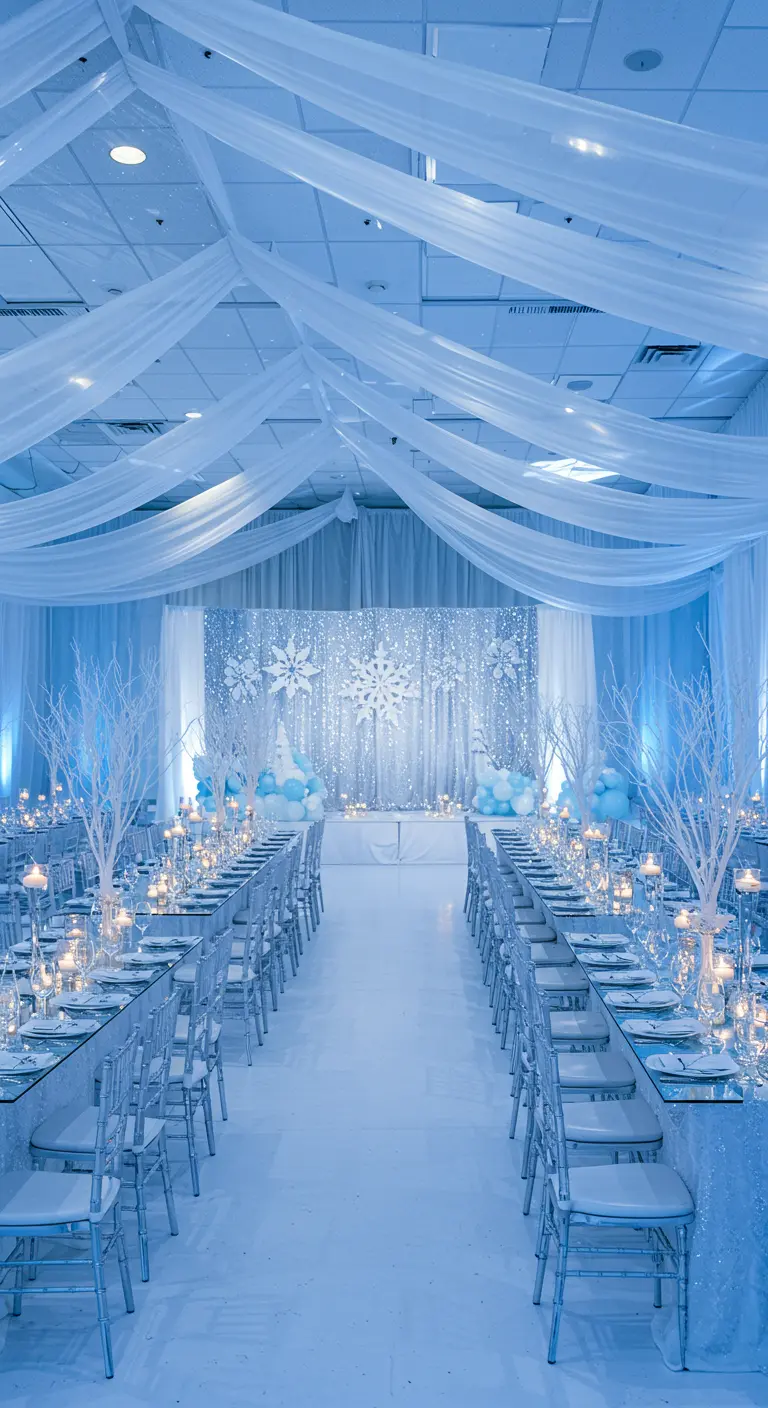 Salón de banquetes con temática invernal, manteles plateados y decoración en tonos blancos y azules.