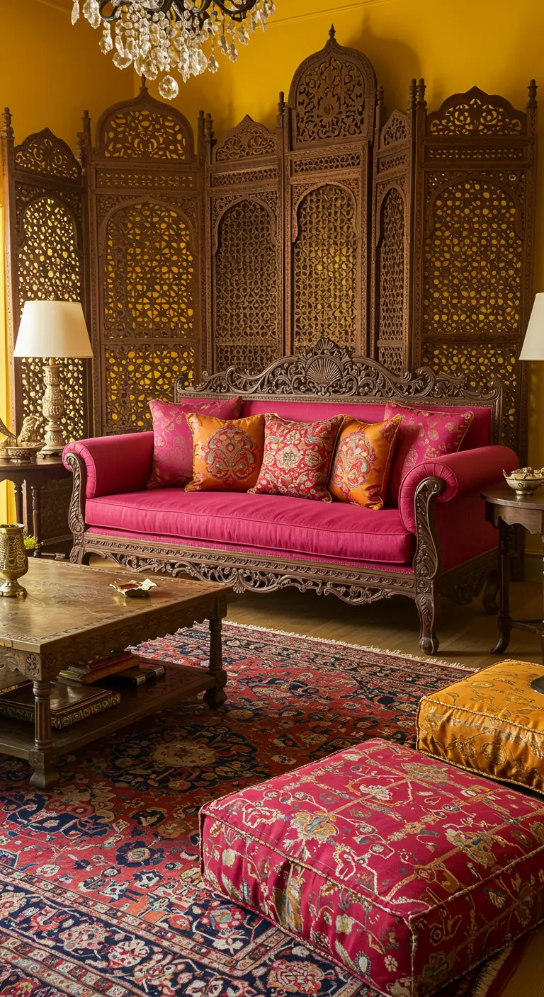 Sala de estar de inspiración india con paredes amarillas, un sofá fucsia y un biombo de madera tallada.