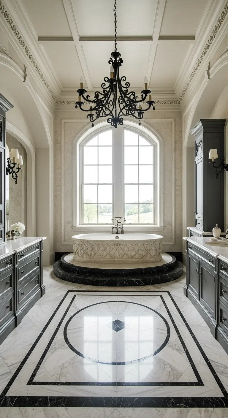 Baño palaciego con techos altos, molduras, lámpara de araña y bañera central sobre plataforma de mármol