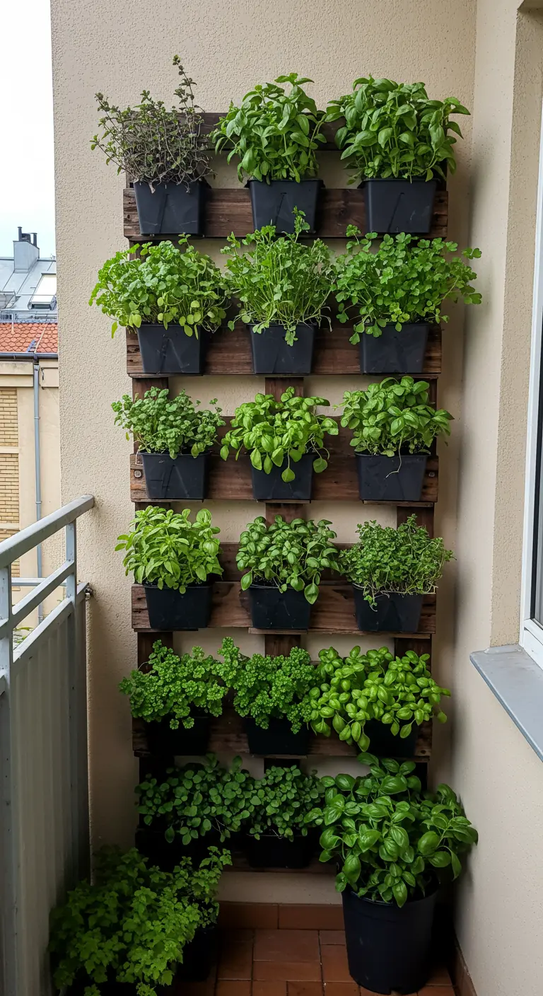 Jardín vertical hecho con un palet de madera en un balcón, lleno de diferentes hierbas aromáticas.