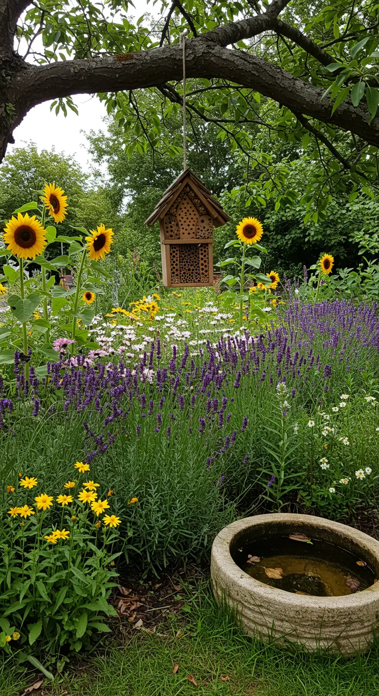 Jardín silvestre con un hotel de insectos de madera colgando de un árbol, rodeado de flores y un bebedero para pájaros.