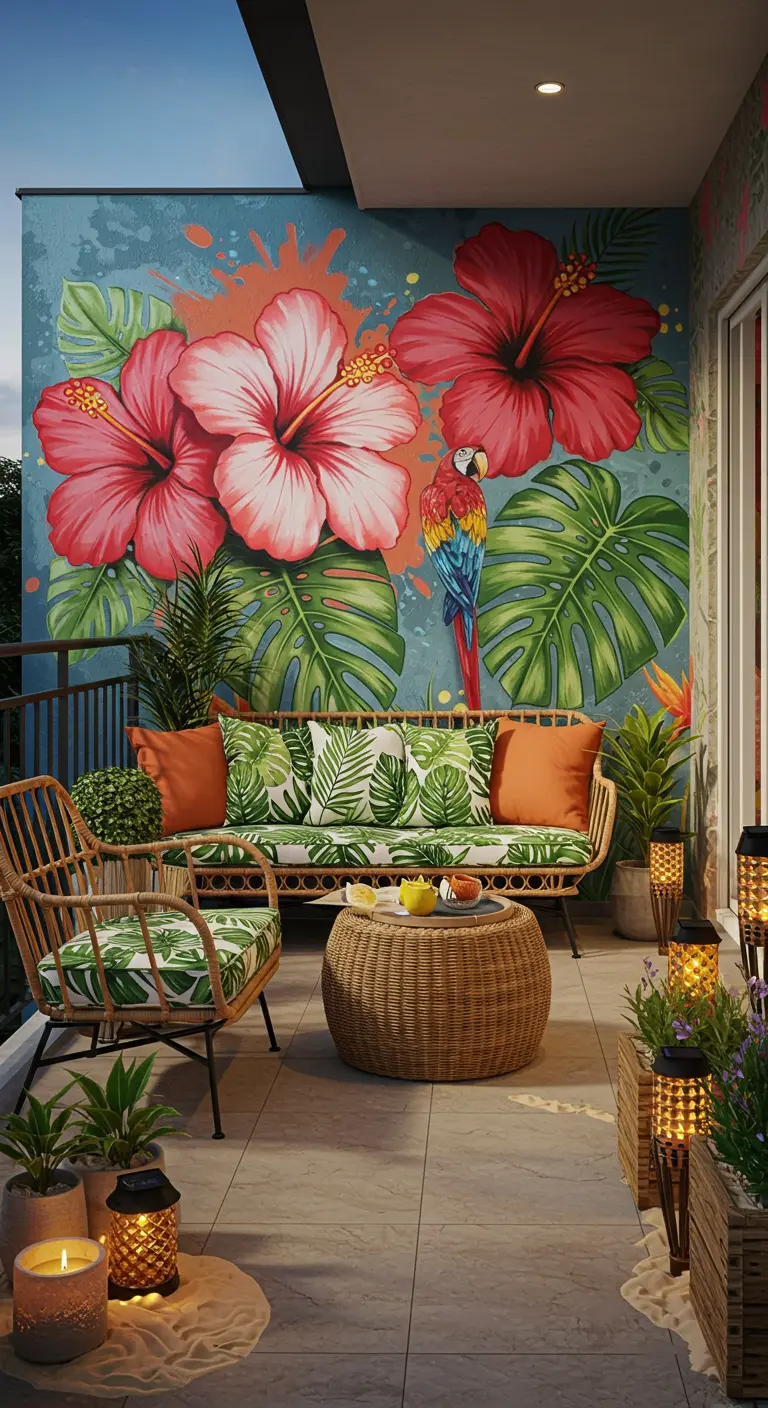 Balcón con un vibrante mural tropical de flores de hibisco y un guacamayo, y muebles de ratán