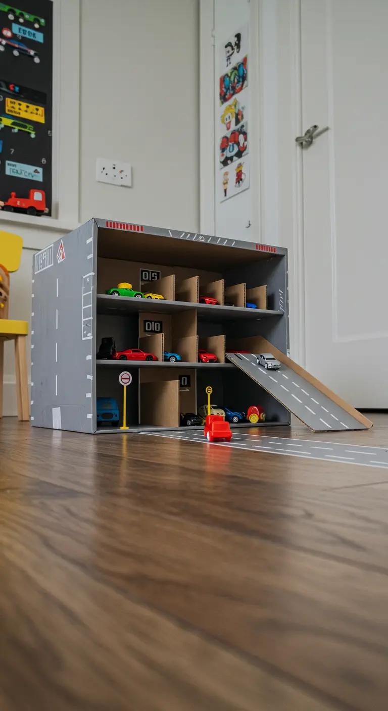 Garaje para coches de juguete de varios niveles hecho con una caja de cartón y rampas.