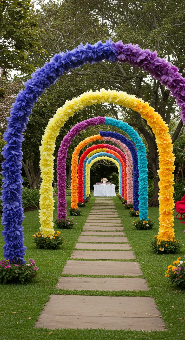 Un camino de jardín flanqueado por múltiples arcos cubiertos de flores de papel de colores.