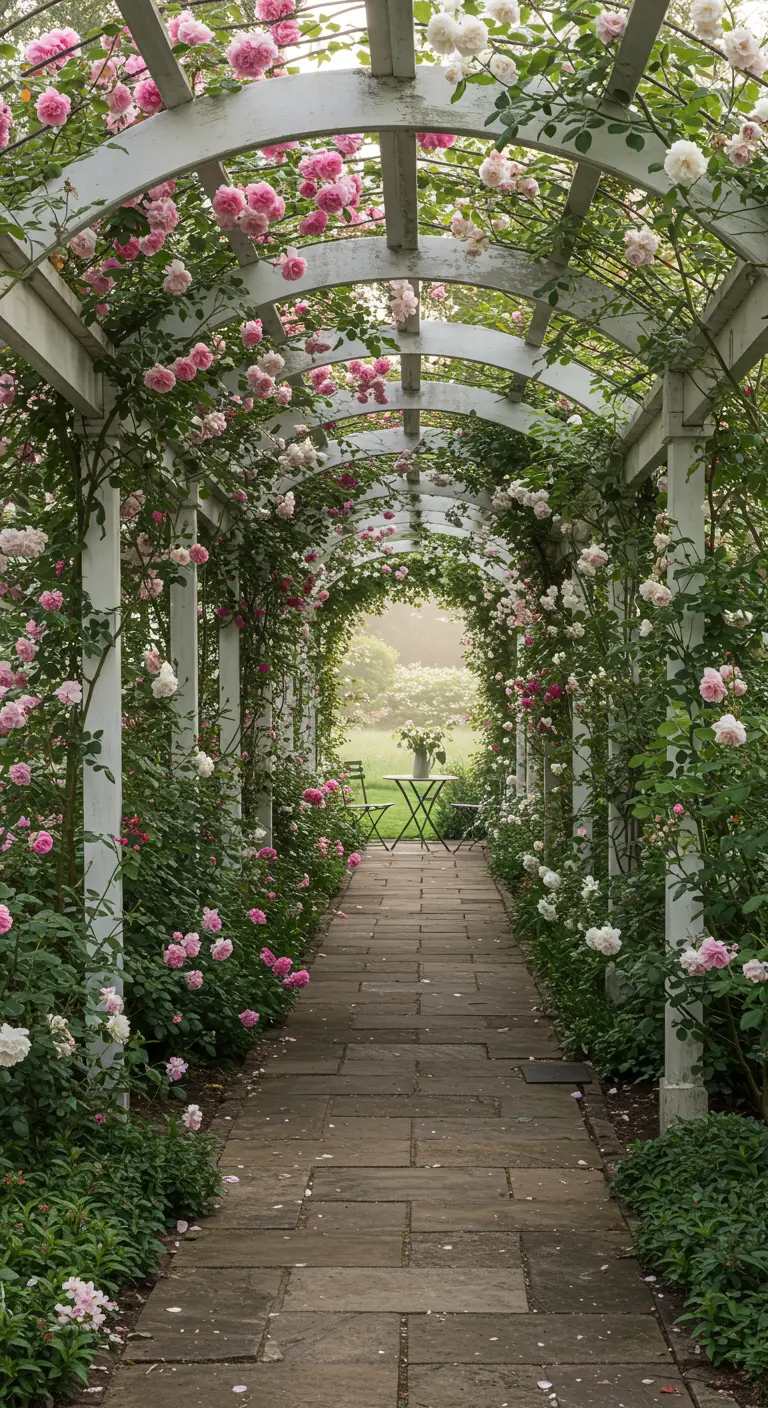 Túnel formado por una pérgola blanca completamente cubierta de rosales trepadores rosas y blancos.