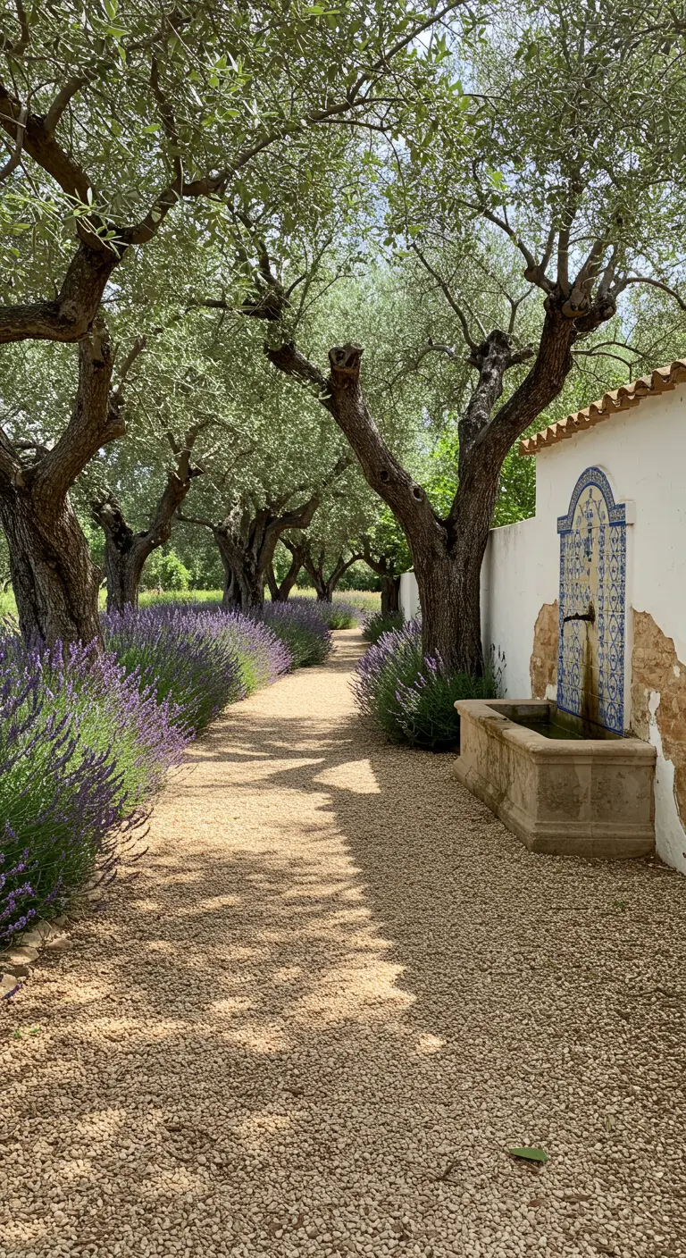 Camino de grava flanqueado por olivos centenarios y lavanda, con una fuente de azulejos al fondo