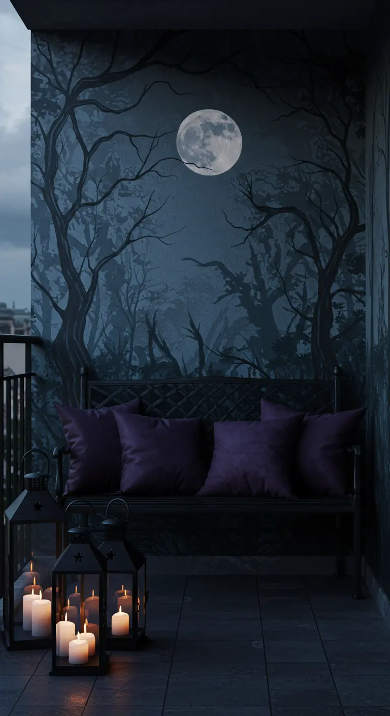 Balcón oscuro con un mural de un bosque de noche con una luna llena y faroles con velas.