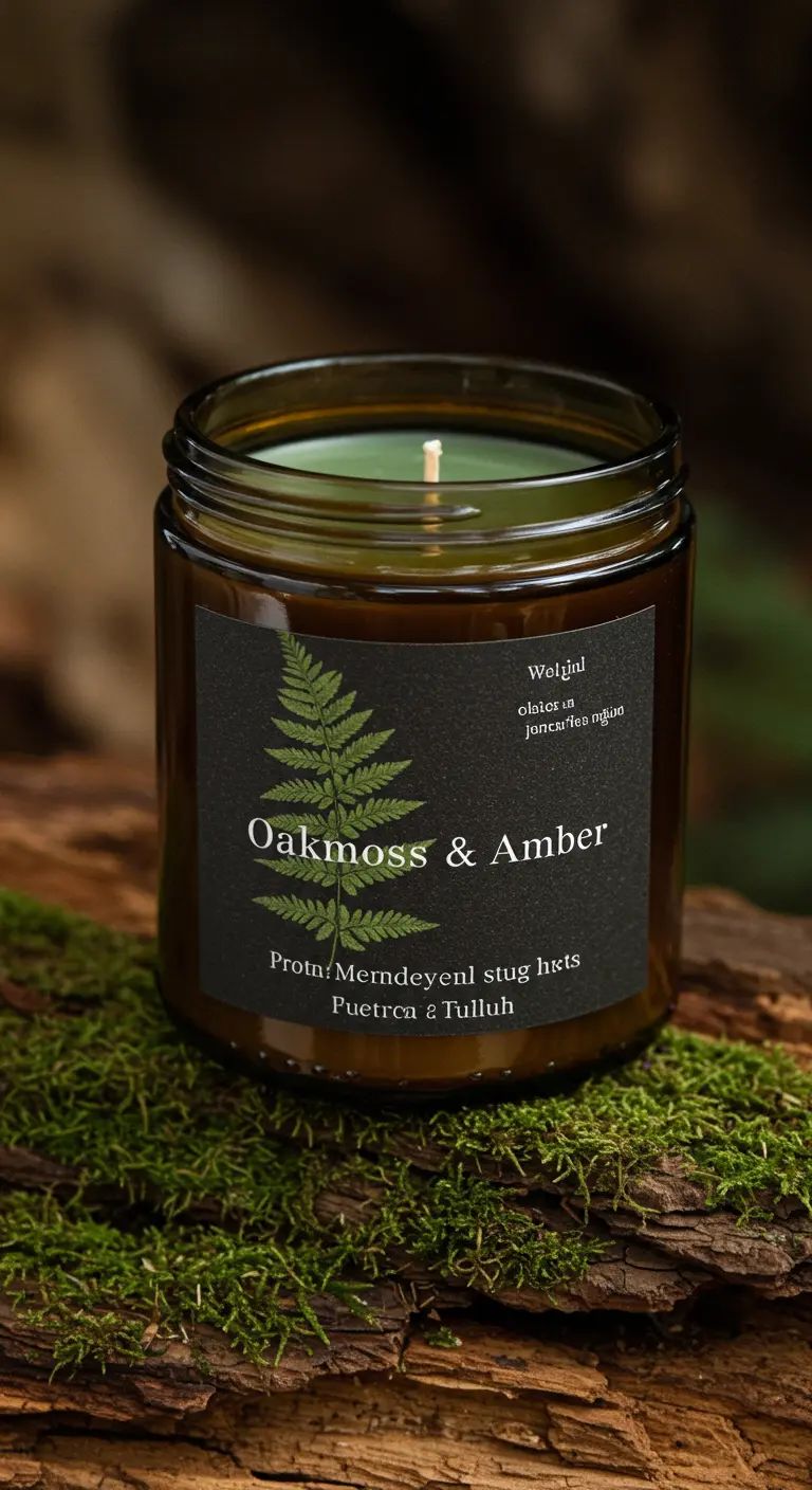 Vela de musgo y ámbar en un frasco oscuro con una etiqueta negra que muestra la ilustración de un helecho.