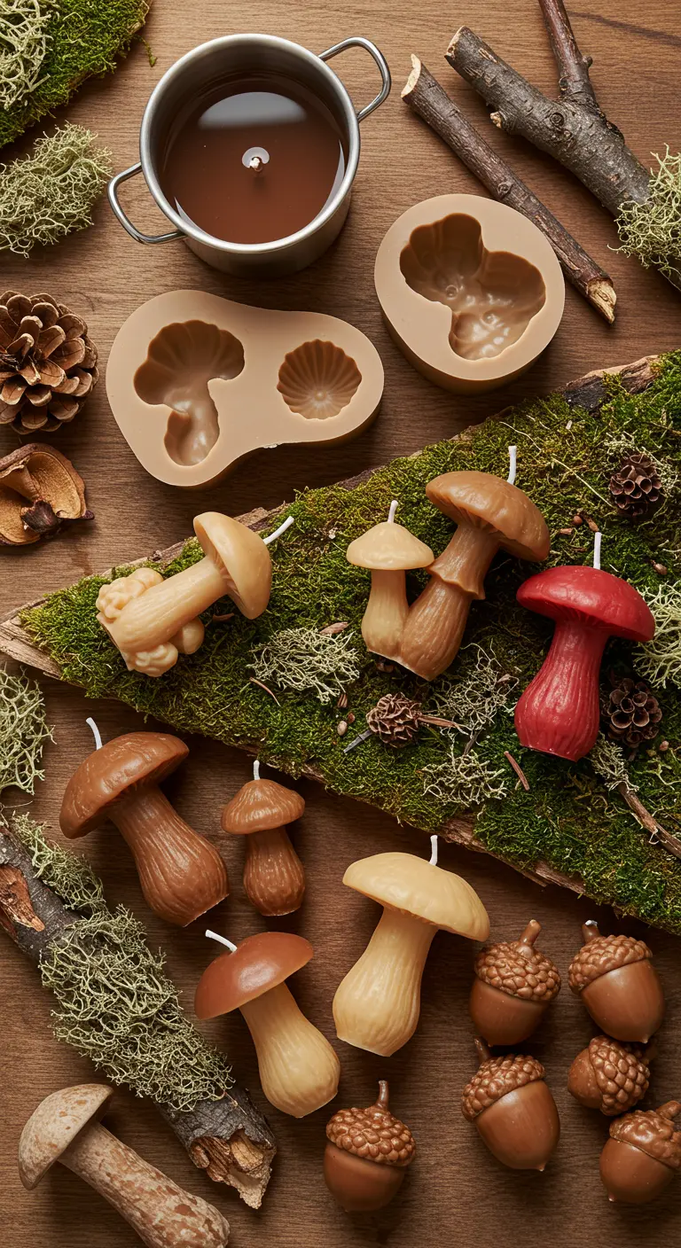 Velas caseras con forma de setas y bellotas en tonos tierra, presentadas sobre musgo