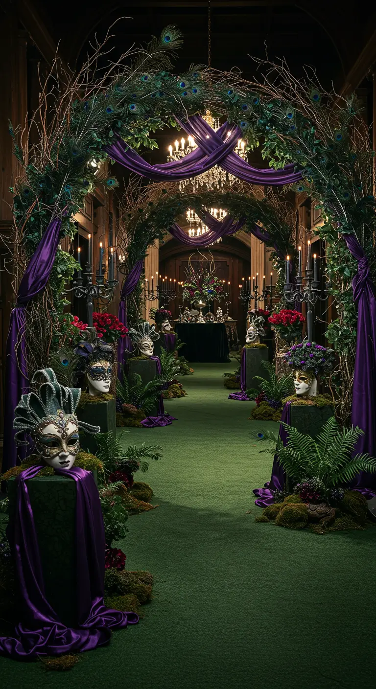 Pasillo decorado con arcos de ramas, tela morada, plumas y máscaras venecianas sobre pedestales.