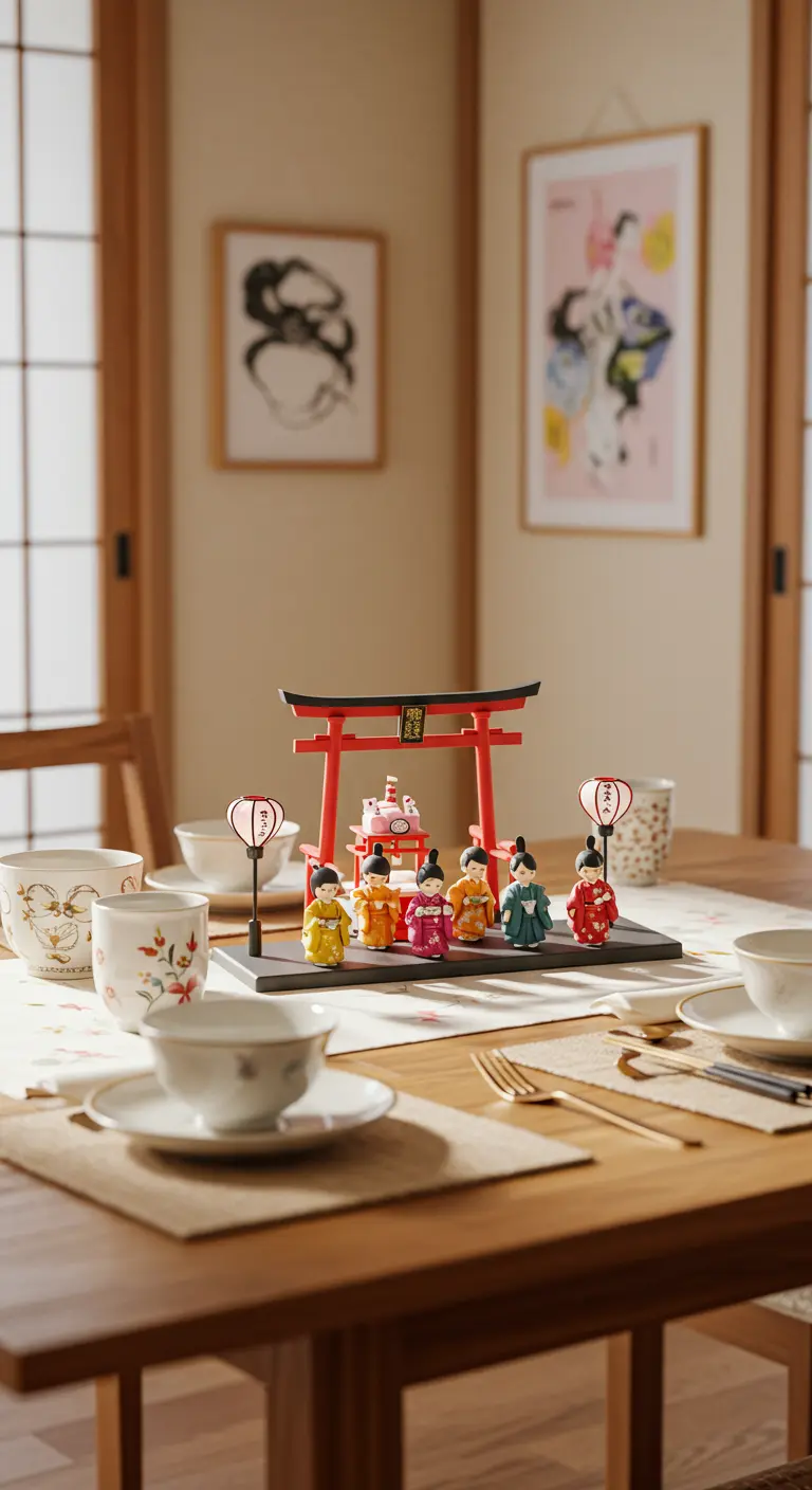 Centro de mesa de un festival japonés con una puerta Torii roja y pequeñas figuras.