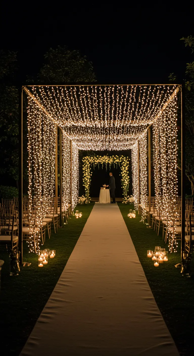 Pasillo de ceremonia de boda formado por un túnel rectangular cubierto de luces.