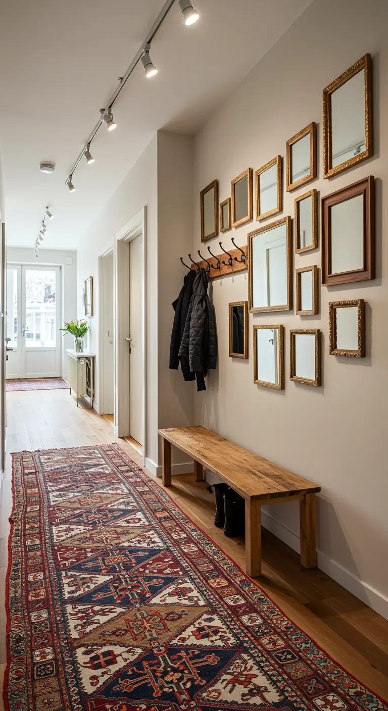 Pasillo largo con una galería de espejos de marcos dorados, banco de madera y alfombra étnica.