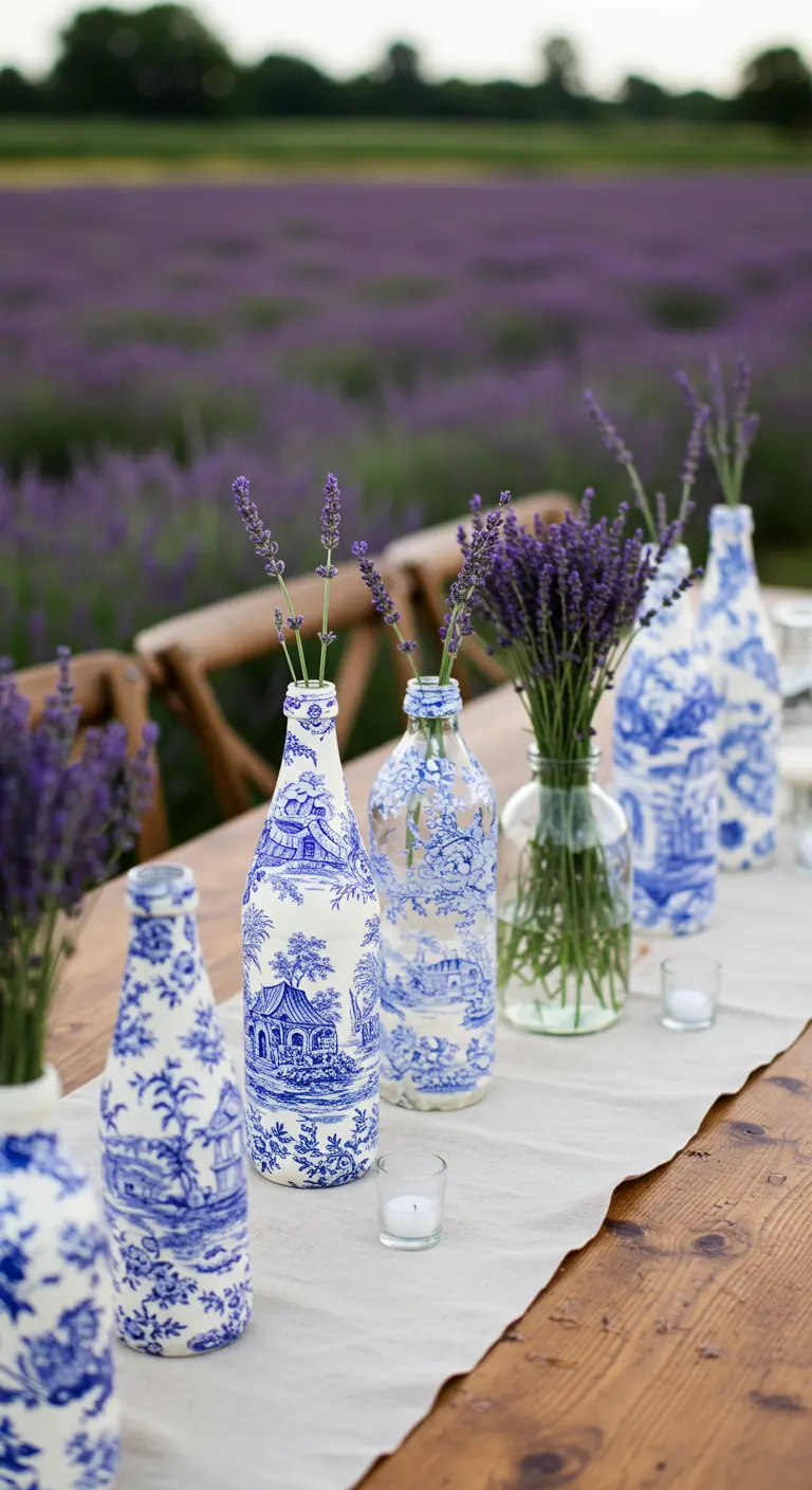 Botellas blancas decoradas con motivos azules de Toile de Jouy y llenas de lavanda fresca.