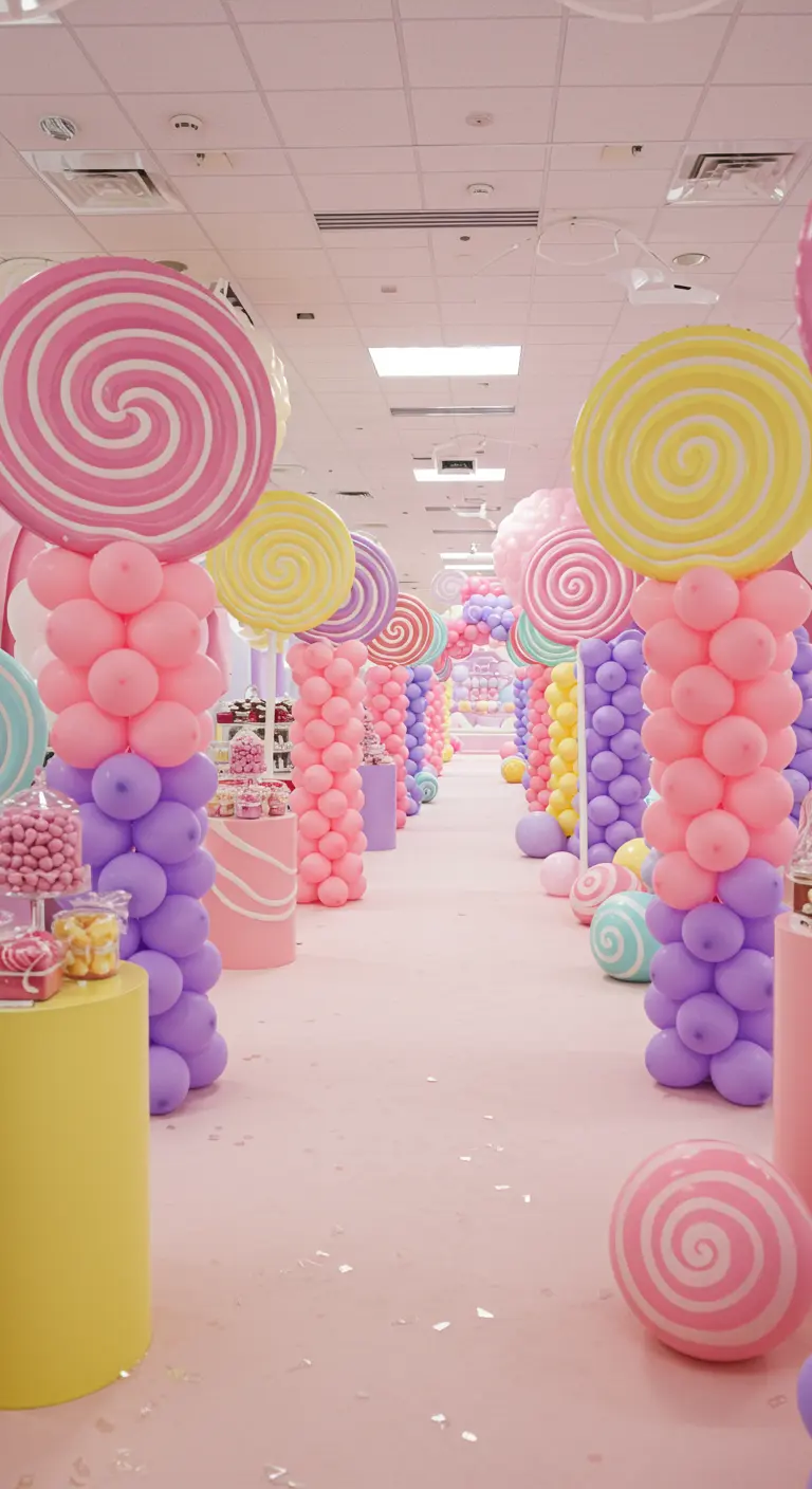 Pasillo decorado como una tierra de dulces con columnas de globos y piruletas gigantes.