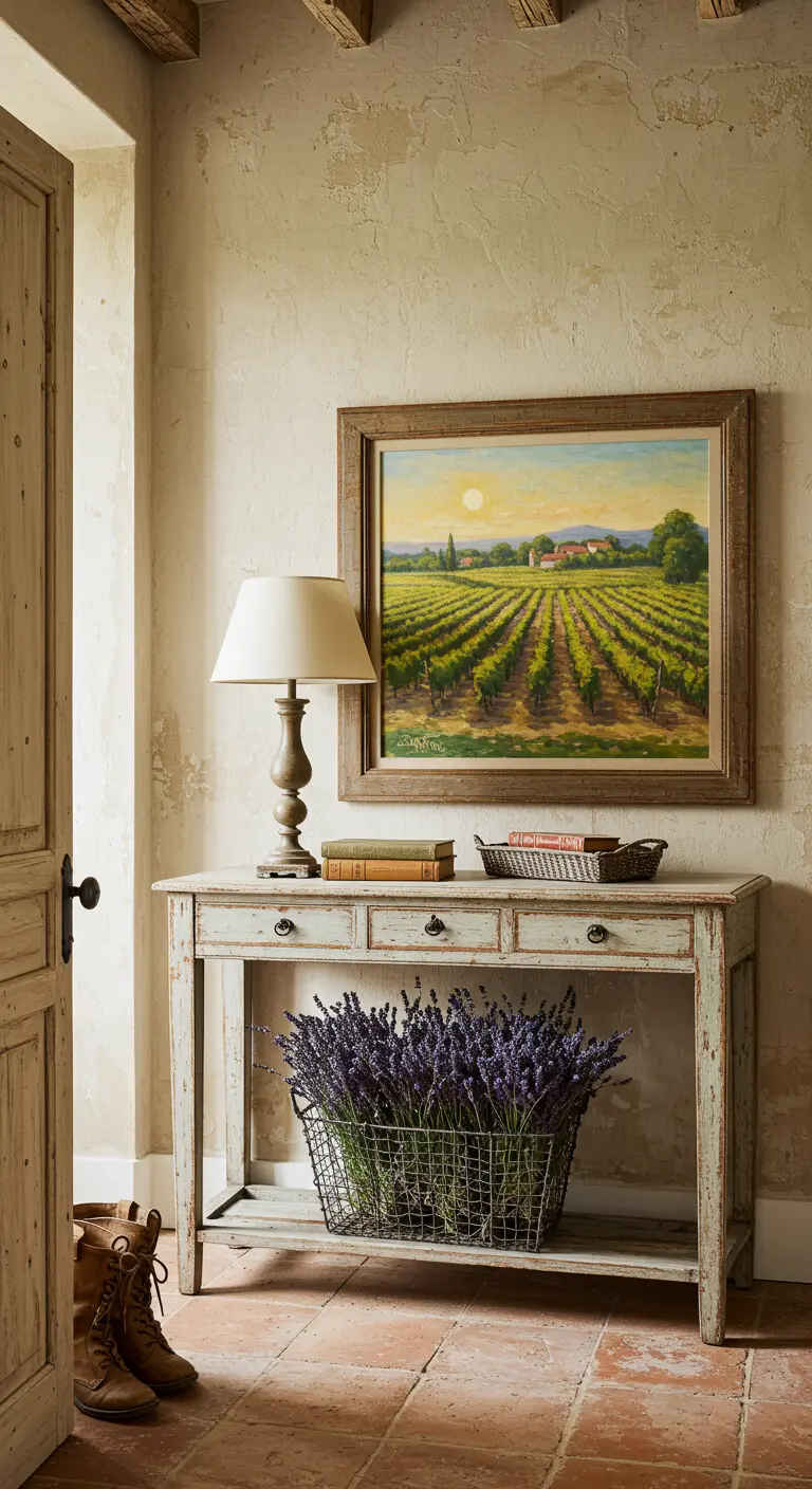 Cuadro de un paisaje de viñedos sobre una consola rústica con una cesta de lavanda