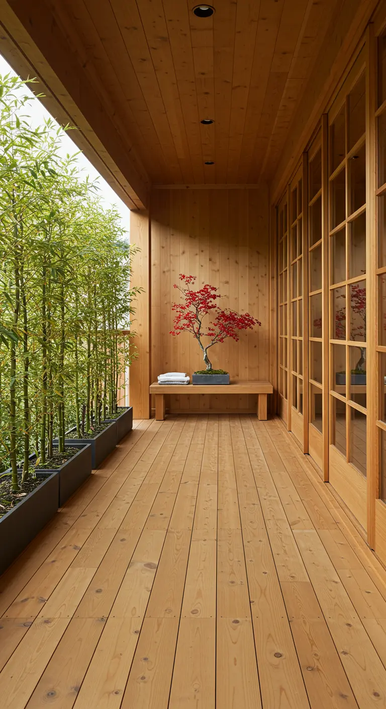 Balcón largo con suelo de madera, bambú en jardineras y un bonsái de arce rojo.