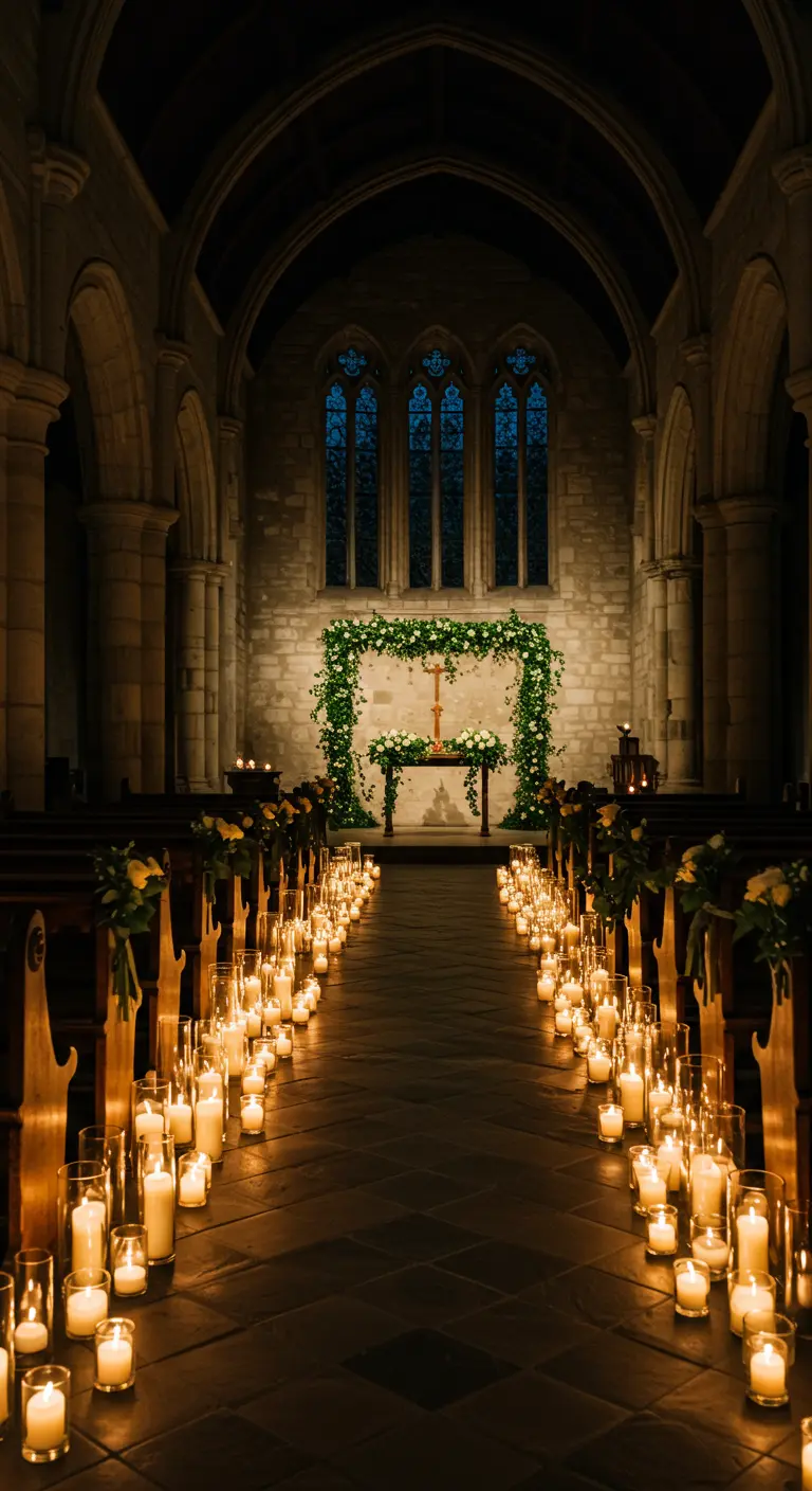 Pasillo de una iglesia iluminado exclusivamente por cientos de velas en el suelo.