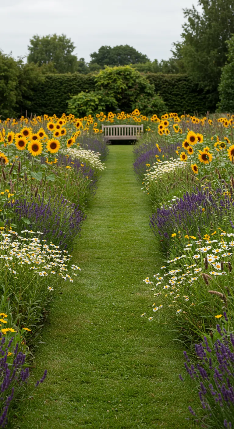 Largo camino de césped en un gran jardín, flanqueado por hileras altas de girasoles, lavanda y margaritas.