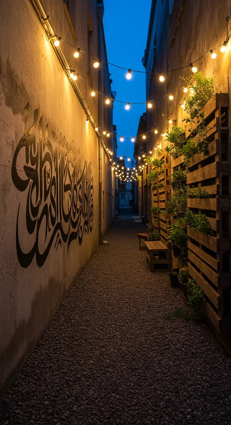 Callejón estrecho iluminado con guirnaldas de luces, un grafiti de caligrafía y jardines verticales hechos con palets.