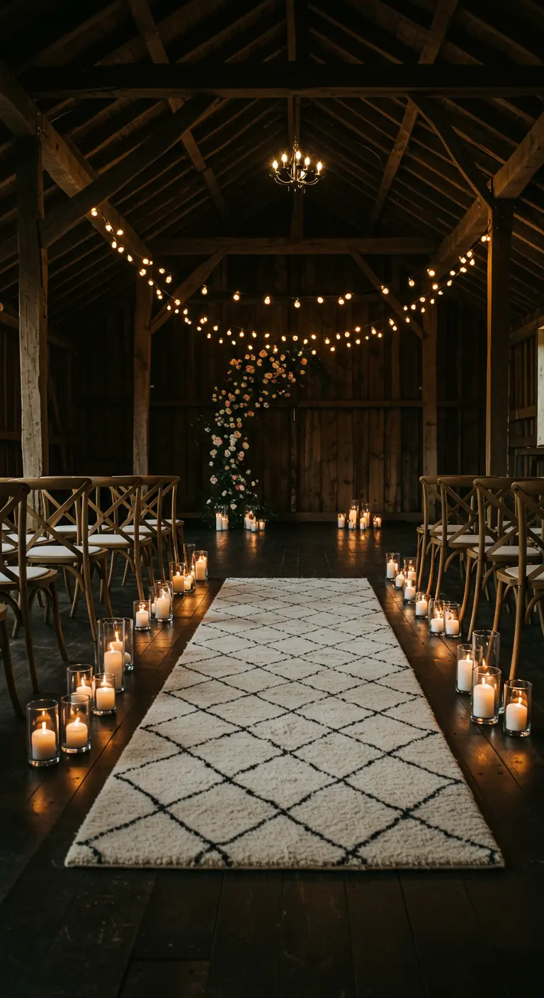 Alfombra marroquí de pelo largo en el pasillo de una boda rústica iluminada con velas.