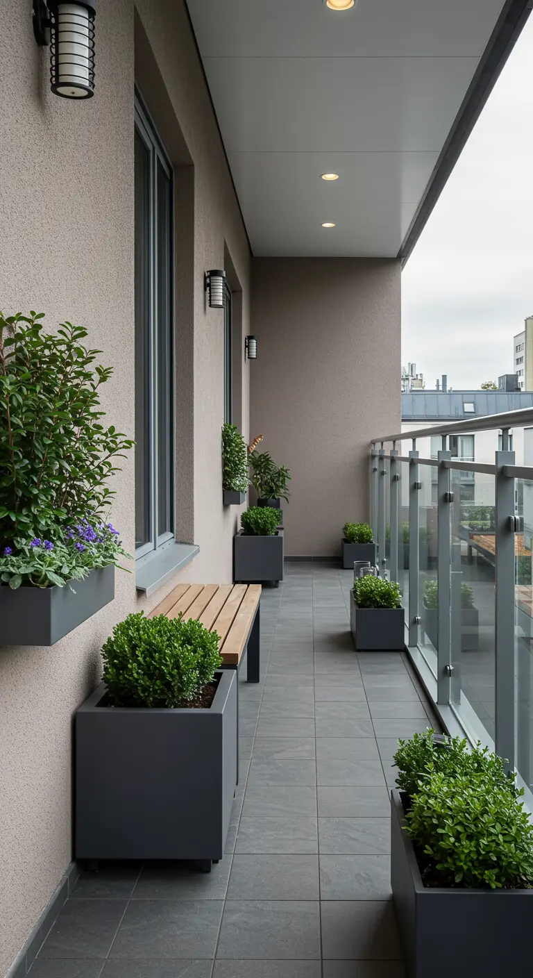 Balcón largo y estrecho con jardineras grises uniformes, un banco de madera y barandal de vidrio