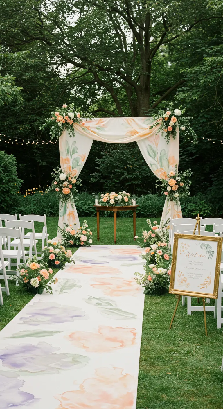 Pasillo de boda al aire libre decorado con un camino de tela con flores pintadas en acuarela.
