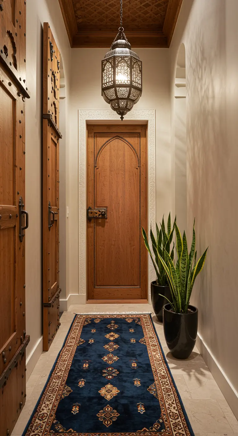Pasillo estrecho con una alfombra persa azul, paredes claras y un farol marroquí colgando del techo