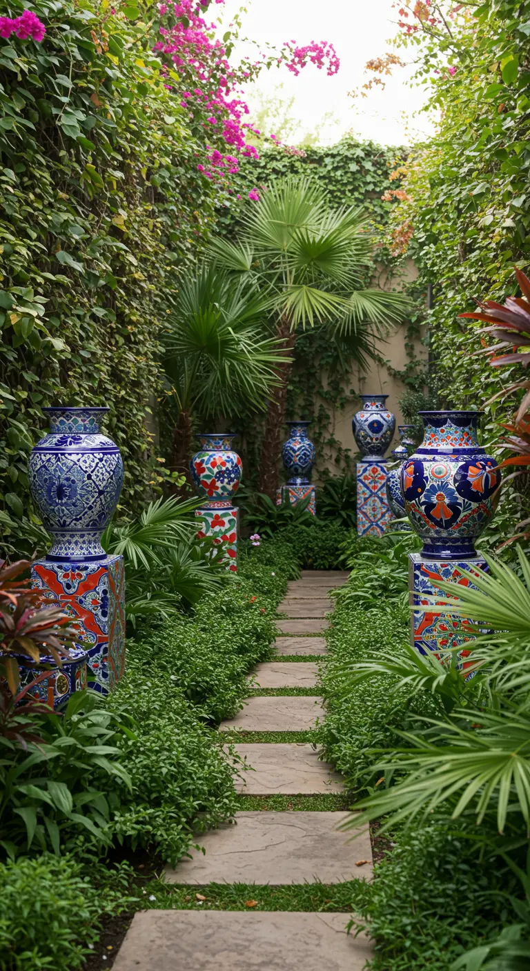 Sendero en un jardín flanqueado por pedestales de talavera con grandes jarrones de cerámica y vegetación.