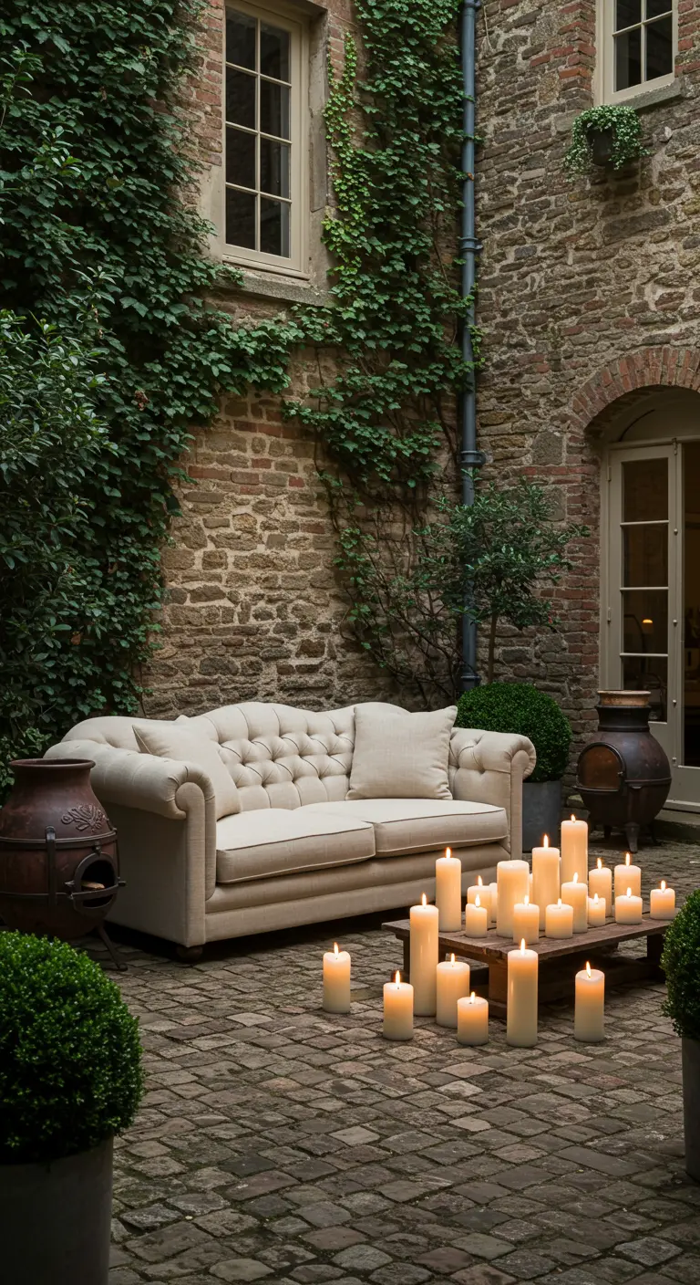 Patio de ladrillo con un sofá Chester y una mesa de centro baja cubierta de velas encendidas