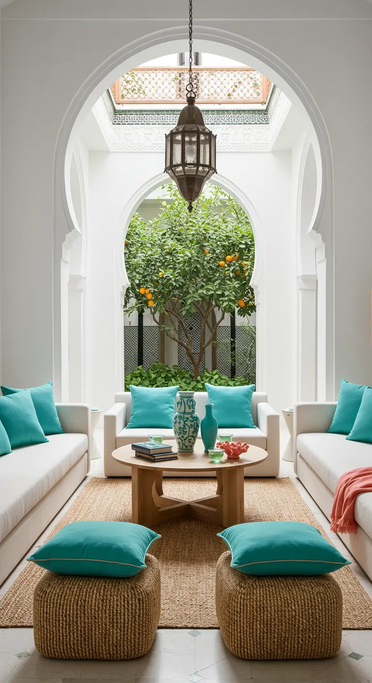 Salón blanco y luminoso con arcos, cojines turquesa y un patio interior con un naranjo.
