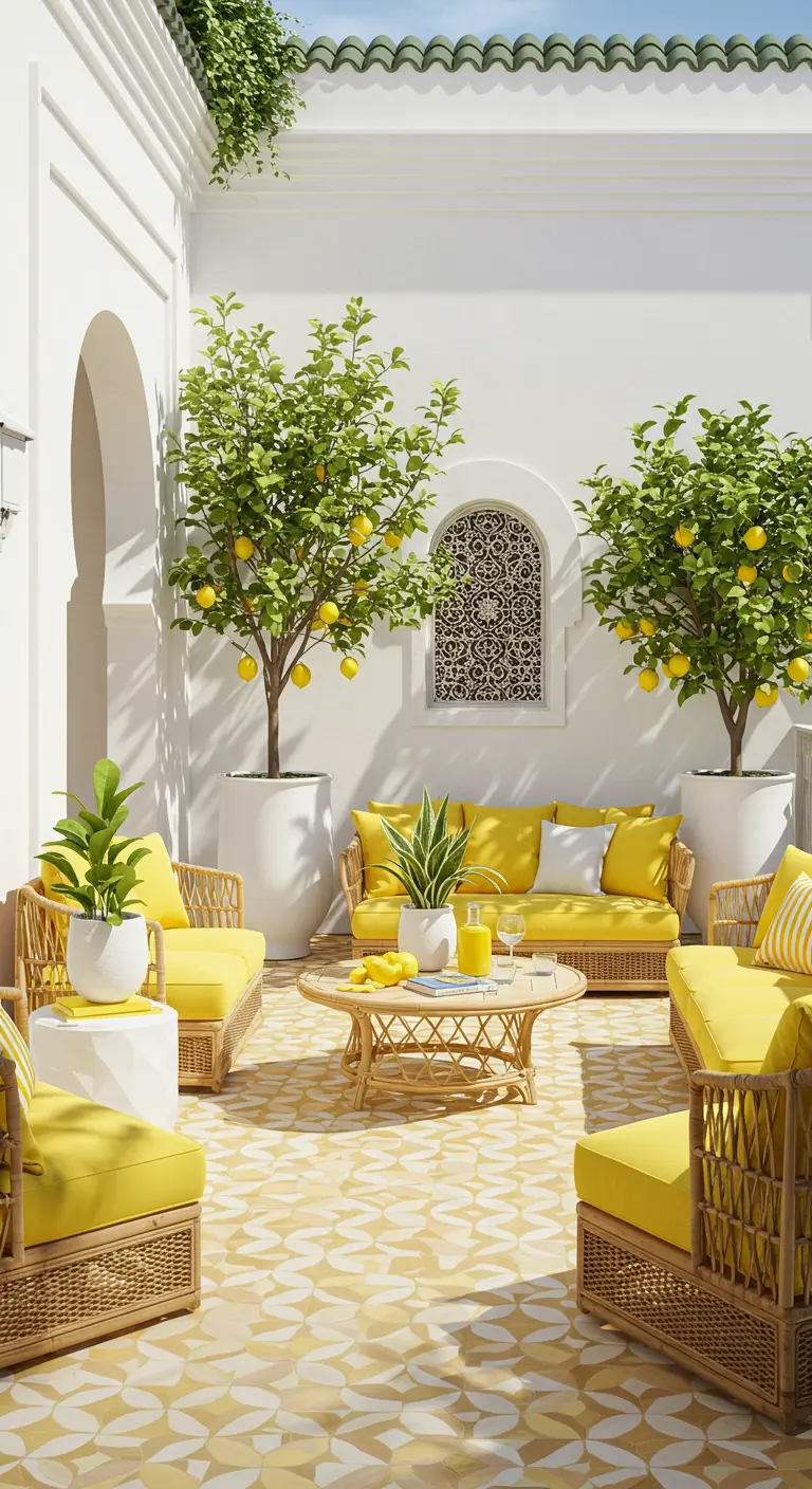 Patio soleado con baldosas amarillas y blancas, muebles de mimbre con cojines amarillos y limoneros.