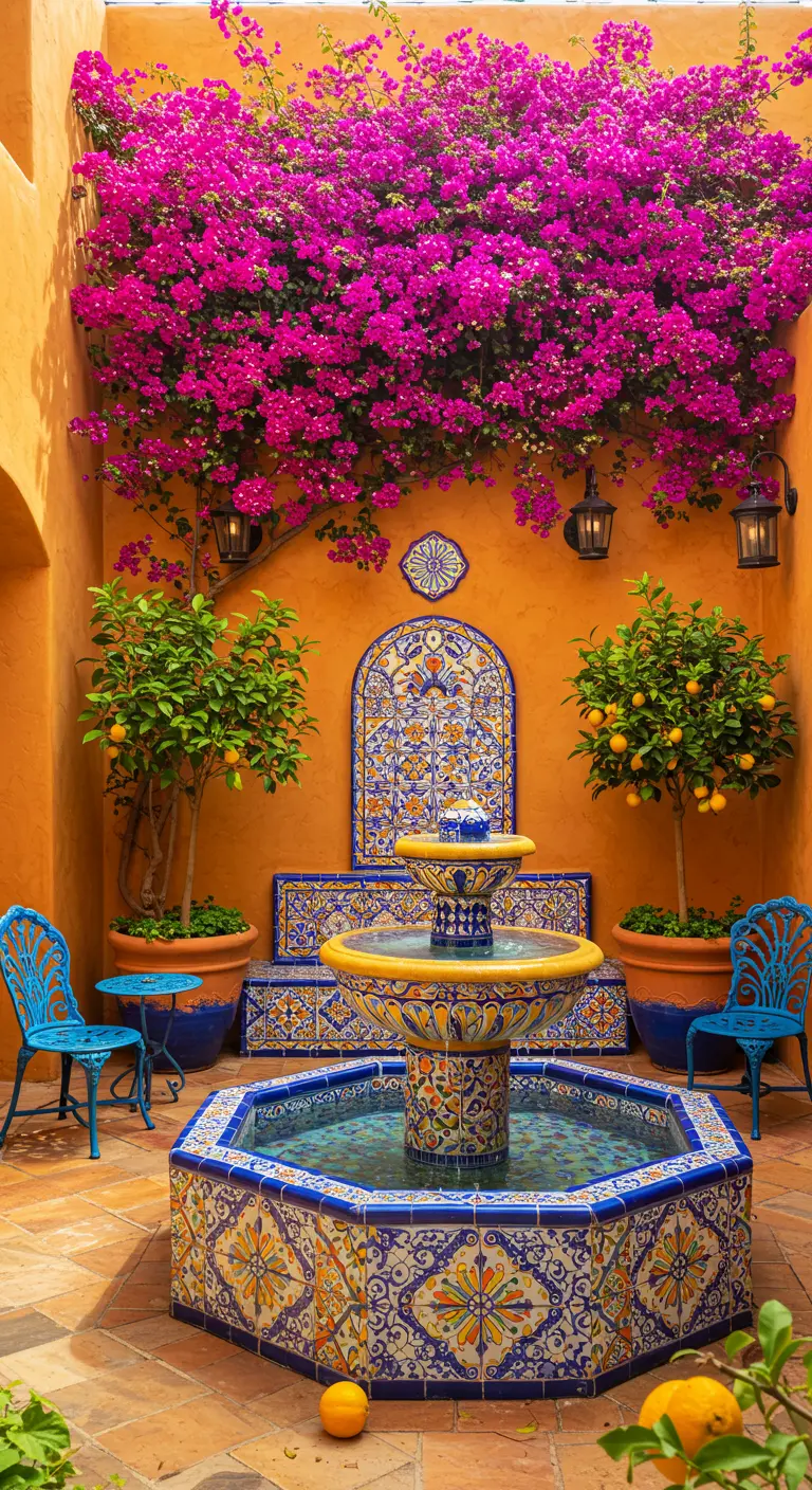 Patio andaluz muy ornamentado con una fuente central y bancos, todo cubierto de diferentes azulejos de colores.