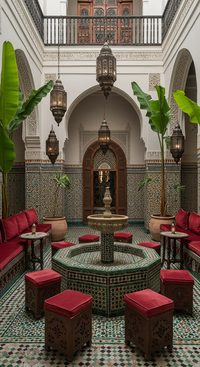 Patio marroquí con azulejos, una fuente central, asientos de terciopelo rojo y faroles colgantes