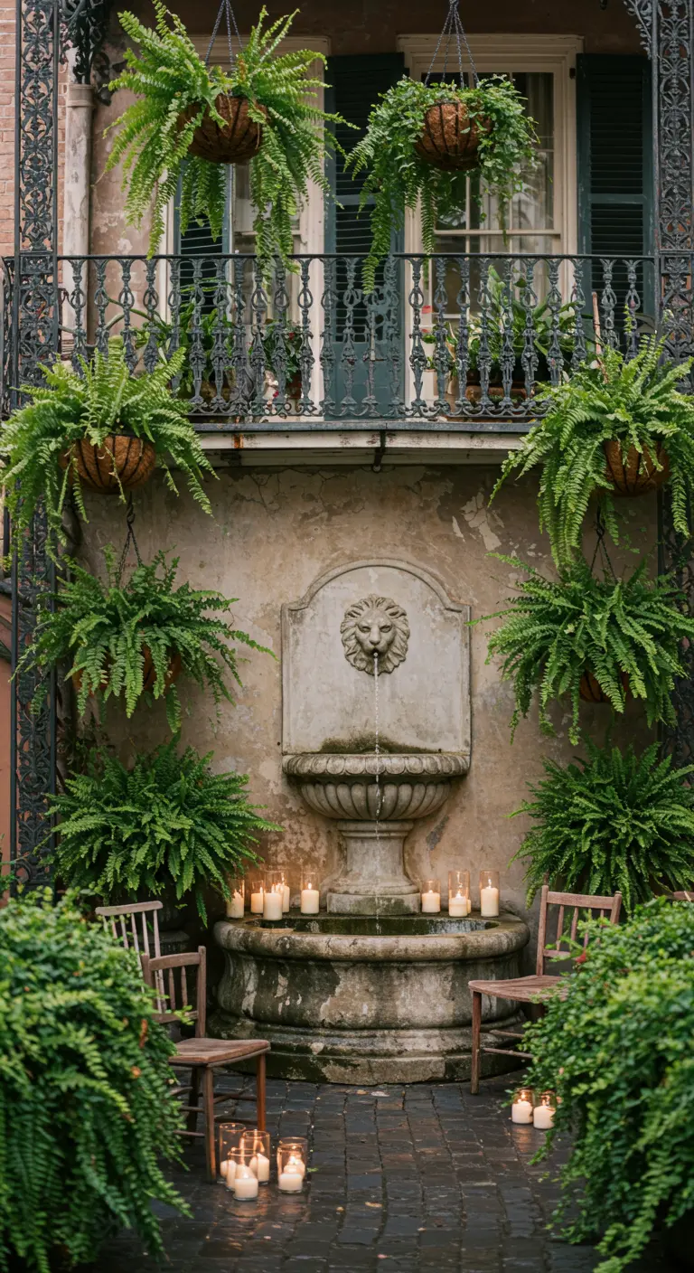 Patio de estilo Nueva Orleans con paredes de estuco, fuente de león, helechos y velas en el suelo