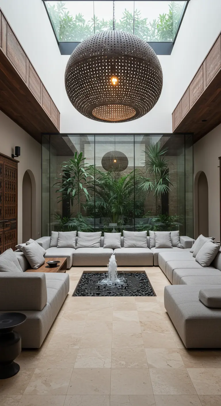Salón amplio con lucernario, fuente central, y una enorme lámpara esférica de metal