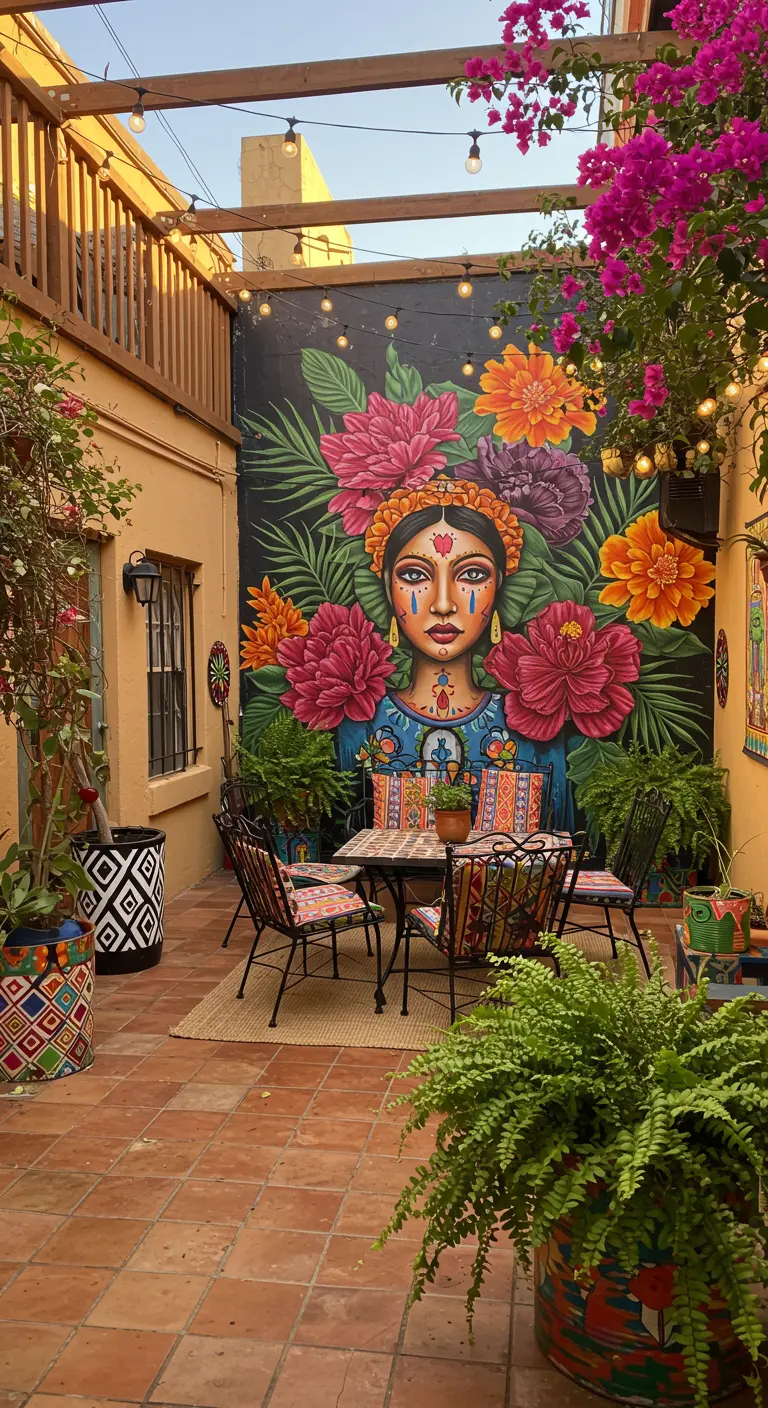 Patio de estilo mexicano con un gran mural de una mujer con flores y macetas coloridas.