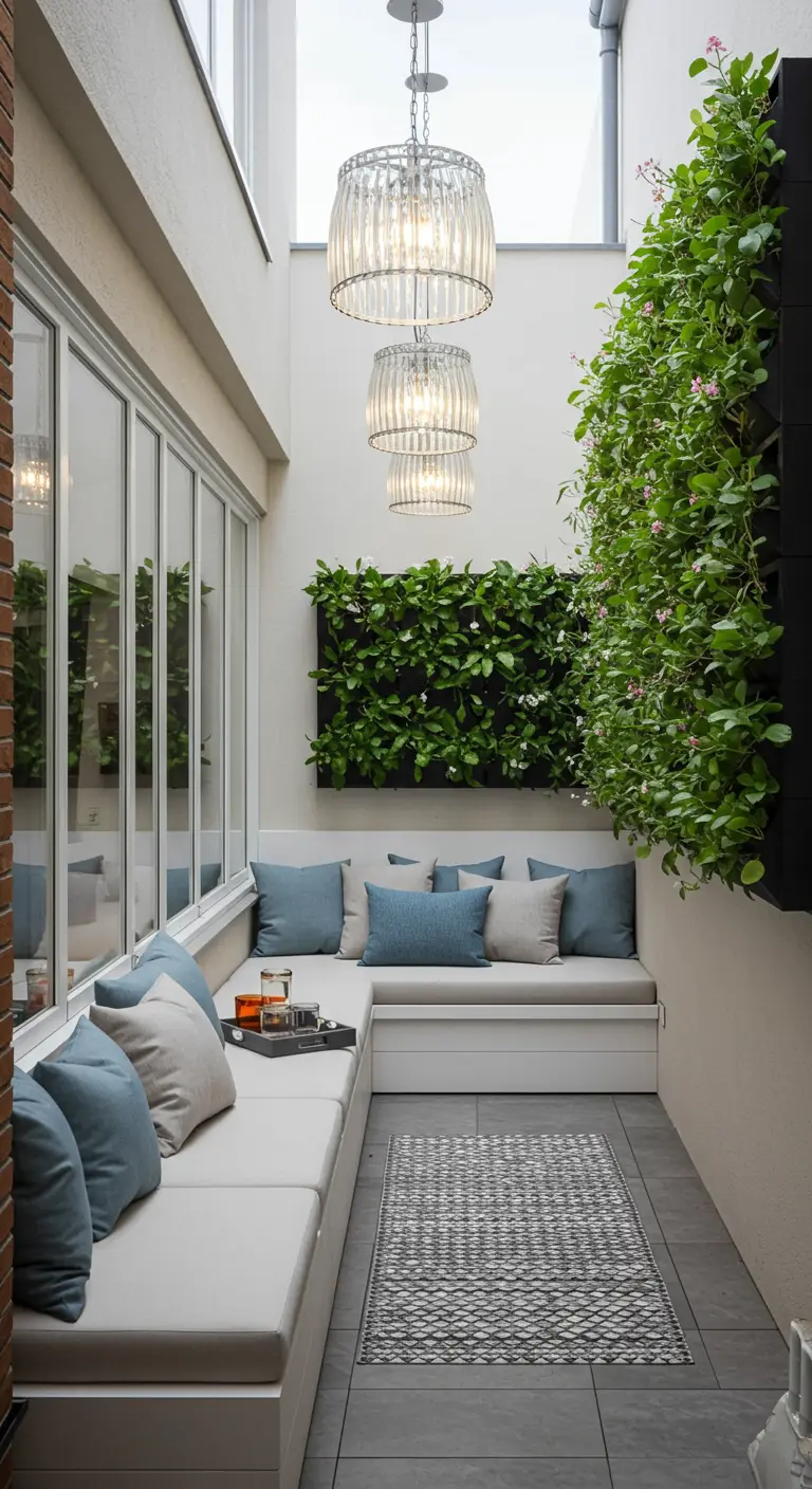 Patio estrecho con jardín vertical, banco de obra blanco y varias lámparas de cristal colgantes